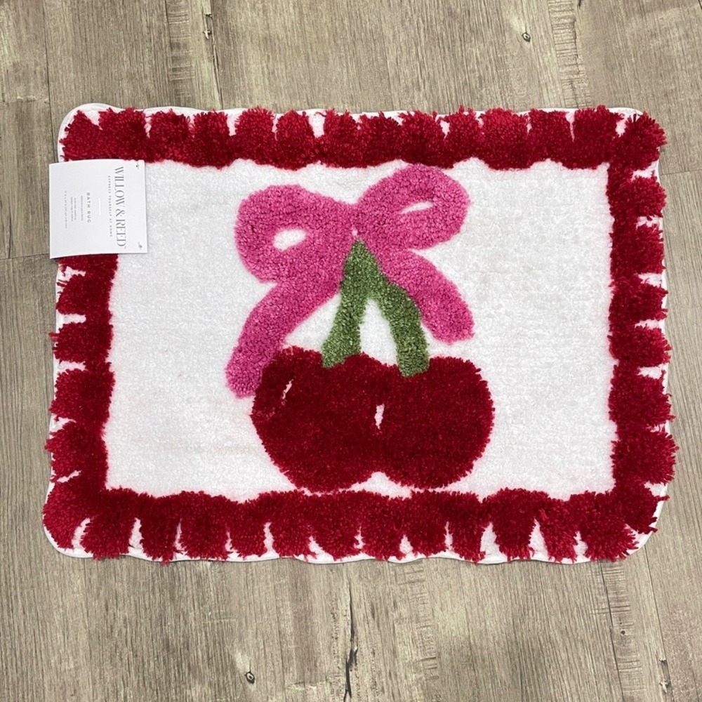NEW Willow & Reed Cherry Bow Bath Rug 17x24 White Red Pom Pom Trim